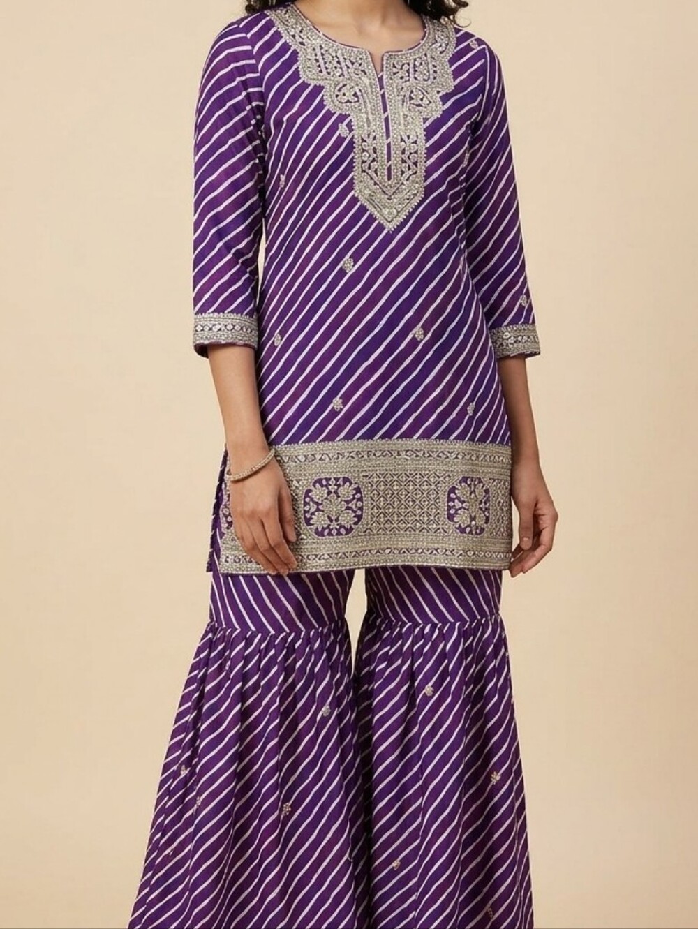 Purple Embroidered Girls Kurta Sharara Set